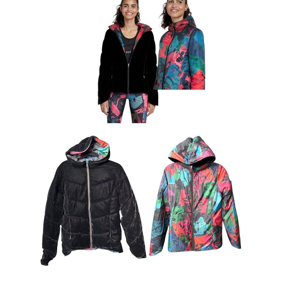 Desigual Black Velvet Reversible Arty Splash Padded Quilted Jacket Size Medium